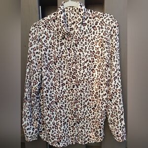 Silk Leopard Print Button-Up Blouse - Cream/Brown